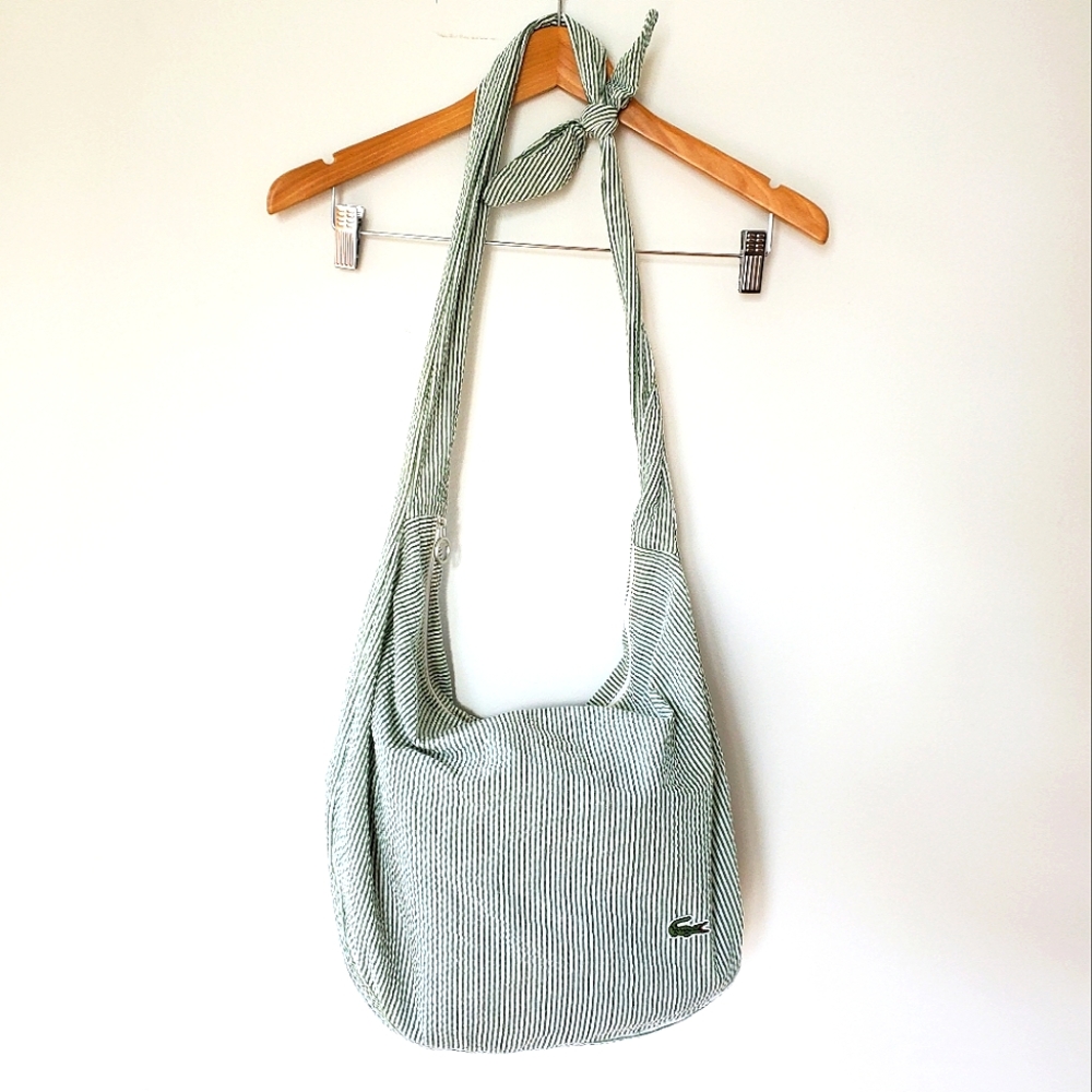 Lacoste Green & White Seersucker Hobo Beach Bag with Tie Straps